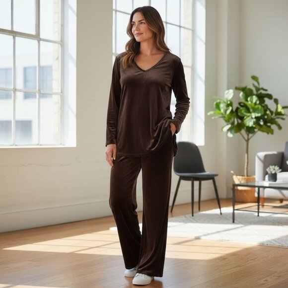 Susan Graver M Lounge Velvet Brown Pants Easy Pull-On Relax Fit - Picture 1 of 8